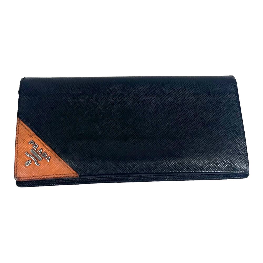 VTG Authentic PRADA Long Wallet Black Papaya Leather Mens Womens Clutch Handbag